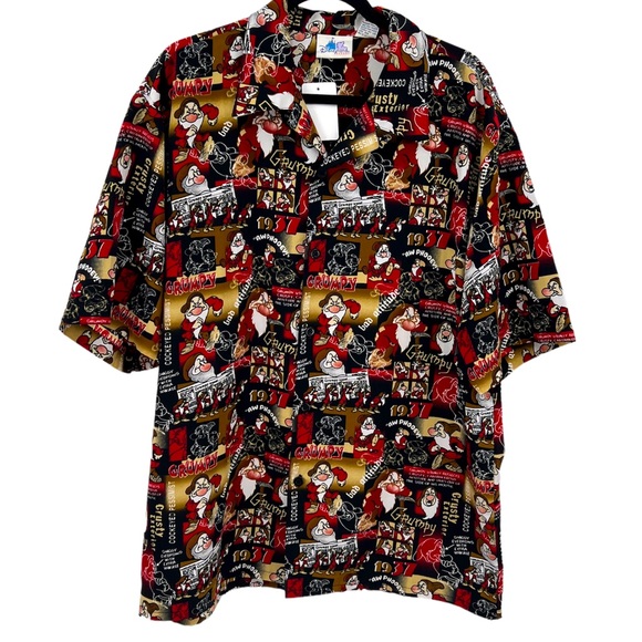 Vintage Disneyland Grumpy Print All Over Hawaiian Button Down Shirt XL